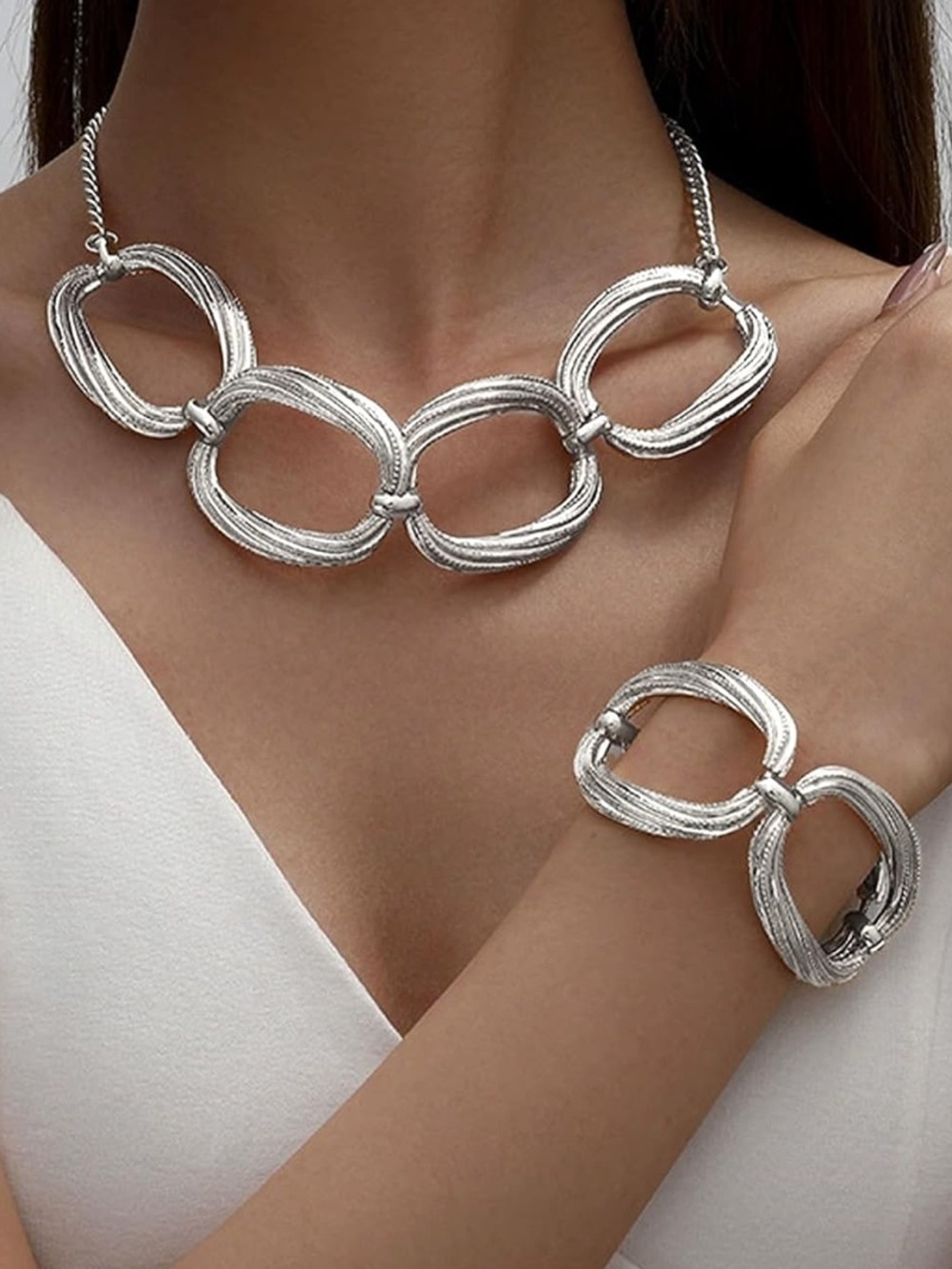 Natasha Denona Silver Linked Oval Necklace and Bracelet Set